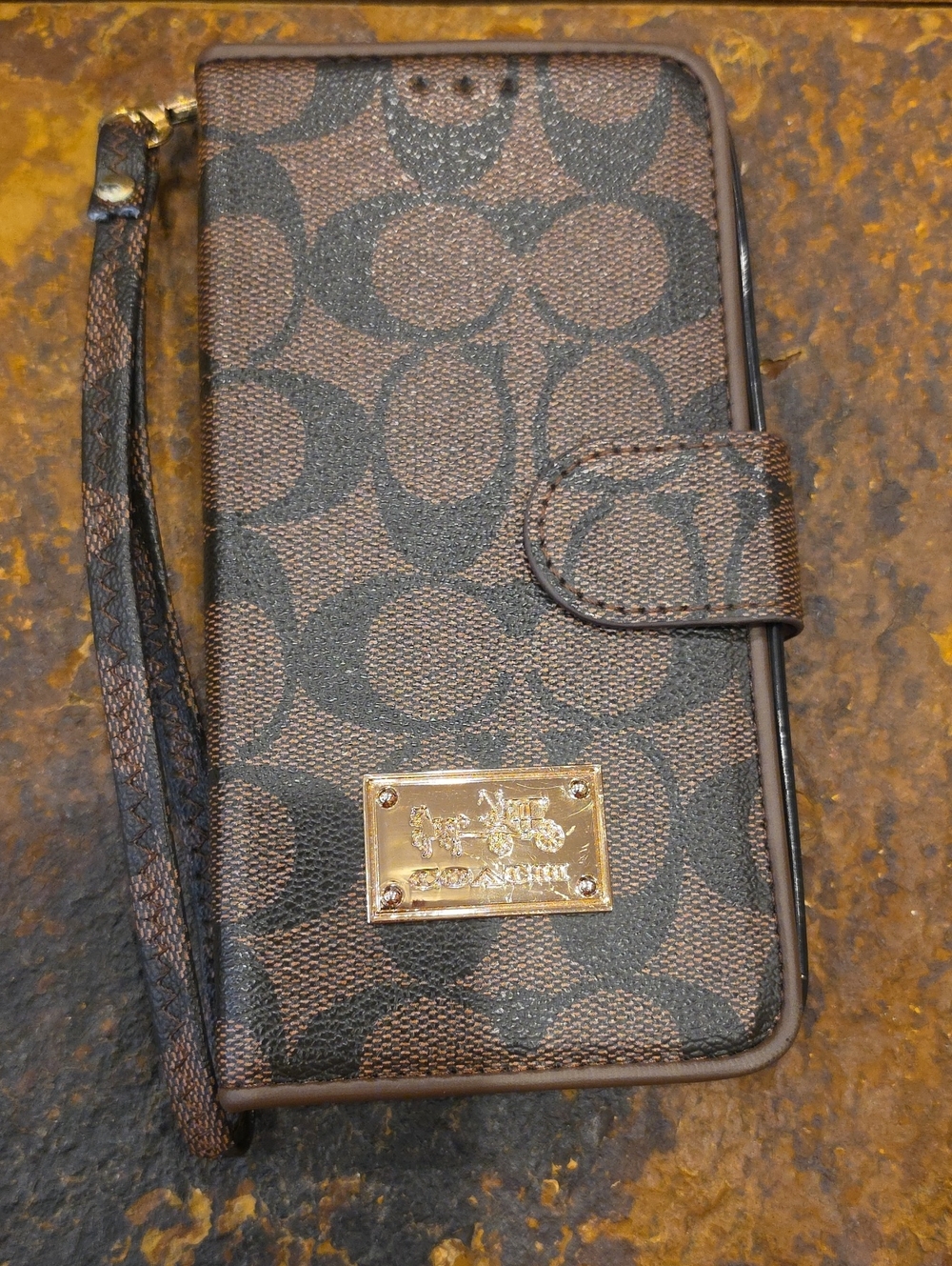 Coach Brown Signature Canvas Wristlet Phone Case Fits phones 3 1/4 by 6 1/2 inch